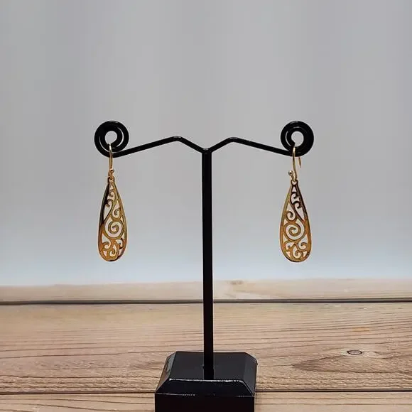 Yellow Gold Plated Sterling Silver Teardrop Filigree Drop Dangle Hook Earrings - Picture 1 of 9
